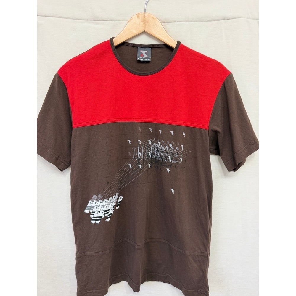 Trafik Mens T-Shirt Brown Red Colorblock Graphic Tee Streetwear Y2K Australian L